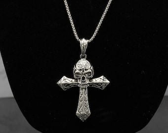 Skull Cross Pendant: Stainless Steel Necklace, Gothic Jewelry