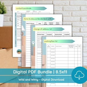 May include: A digital PDF bundle with moving checklists and forms. The bundle includes lists for coordinating contacts, items to discuss, a change of address, and a packing/box list. The text "Digital PDF Bundle | 8.5x11" is visible.