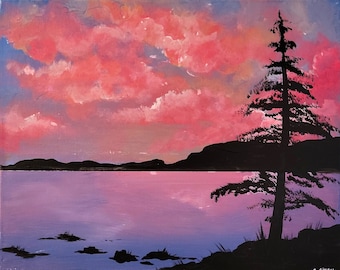 Paisaje, NO, bosque, Pintura de fantasía Hermoso lago, violeta
