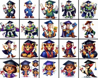 Graduation Cartoon Characters Clipart: Cap and Gown PNG (Digital Download)
