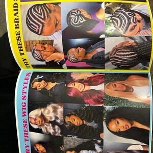 K&ouml;nnte beinhalten: Ein Flyer, der verschiedene Zopf- und Per&uuml;cken-Stile bewirbt. Der Flyer zeigt Fotos von Frauen mit verschiedenen Frisuren, darunter Z&ouml;pfe, Tressen und Per&uuml;cken. Der Text auf dem Flyer lautet "Probieren Sie diese Zopf-Stile aus" und "Probieren Sie diese Per&uuml;cken-Stile aus".