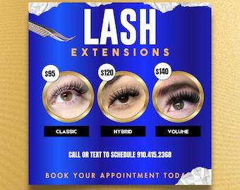Lash Flyer, Blue and Gold, Editable Canva Template