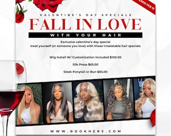 Valentine's Day Hair Specials Flyer, Social Media Template (Canva Pro)
