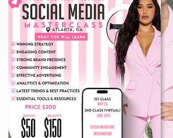 Social Media Masterclass Flyer Template, Canva Editable (Digital Download)