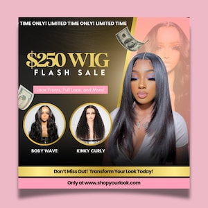 Wig Hair Flyer Specials Canva Hair Template - Wig Hairstylists - Flash Sale Promo - Flyers Edit - Customize Social Media Marketing Content
