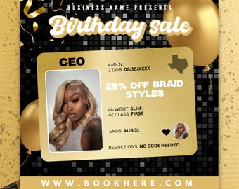 Ceo Birthday Sale Flyer, Canva Hairstylists, Beauty Professional, Birthday Special Deal, Braid Styles, Wig Installs, Book Now, Appointments