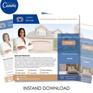 Può includere: Un volantino immobiliare che pubblicizza la vendita di una casa moderna per famiglie. Il volantino presenta una foto della casa, una descrizione delle caratteristiche della casa e le informazioni di contatto dell'agente immobiliare. Il volantino è progettato in uno stile moderno con uno schema di colori blu e bianco. Il testo sul volantino recita "Casa moderna per famiglie", "In vendita", "Prezzo a partire da 250.000 €", "Contattaci per un appuntamento" e "Affitti di lusso".