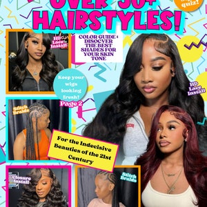 K&ouml;nnte beinhalten: Ein Magazincover mit dem Titel "&Uuml;ber 50+ Frisuren!" und Bildern von Frauen mit verschiedenen Frisuren. Das Cover enth&auml;lt auch den Text "Farbguide: Entdecke die besten Nuancen f&uuml;r deinen Hautton" und "Halte deine Per&uuml;cken frisch! Seite 2".
