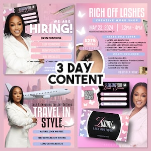 May include: A pink and black flyer advertising a 3-day lash extension workshop. The flyer features a woman with long lashes and the text "Rich Off Lashes" and "Creative Work Shop".
