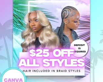 Summer Neon Hairstylist Flyer Template, Wig & Braid Promo (Canva)