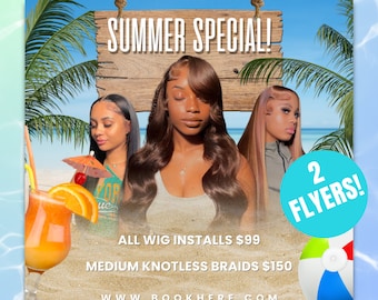 Summer Hairstylist Flyer, Wig Install & Braid Special, Canva Template