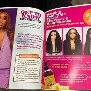 K&ouml;nnte beinhalten: Eine rosa und wei&szlig;e Zeitschriftenseite mit einer Frau, die einen rosa Blazer und Rock tr&auml;gt. Die Seite bietet Tipps, wie man Per&uuml;cken frisch h&auml;lt und pflegt. Der Text enth&auml;lt "Get to Know Your Hairstylist", "Keeping Your Wigs Fresh: Aftercare & Maintenance" und "Maintain Your Wigs With These Easy Tips!"