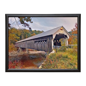 Vermont Covered Bridge Print, Fall in New England Painting, Historic Covered Bridge Image, Rustic Printable Wall Art, Country Style Print