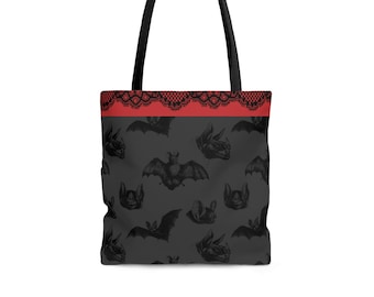 Goth black tote bag, Black bat bag, Red and black tote, Gothic black bag canvas tote bag, shopping bag