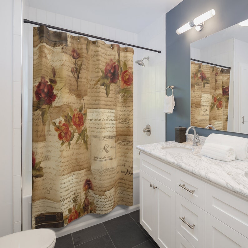 Vintage French Shabby Chic Shower Curtain, Rustic Rose Bathroom Decor