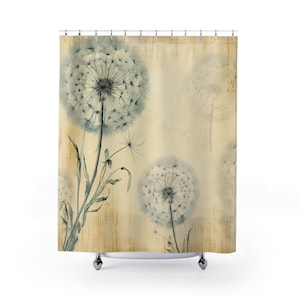 Holistic Dandelion Wildflower Shower Curtain, Light blue and beige bathroom decor, rustic farmhouse shower curtain