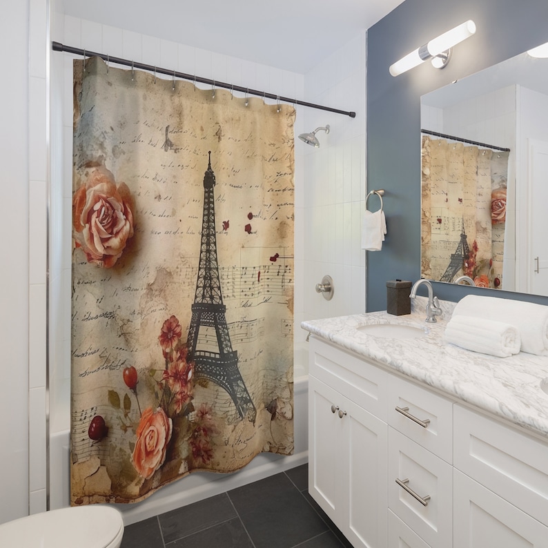 French Shabby Chic Eiffel Tower Shower Curtain, Romantic Paris Bathroom ...