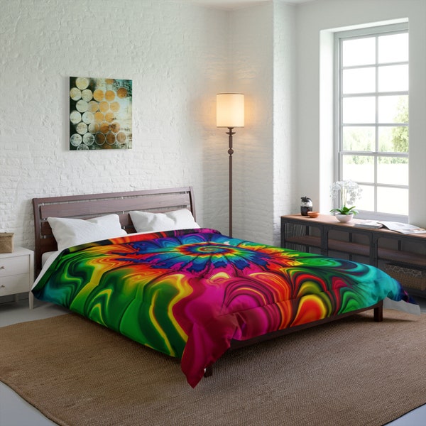 Psychedelic Tie dye rainbow comforter, tie dye bedding, Girls tie dye room decor