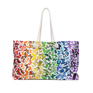 Oversize Butterfly rainbow tote bag, Rainbow beach bag, Carry on bag, Overnight bag gift for her, Extra large tote bag