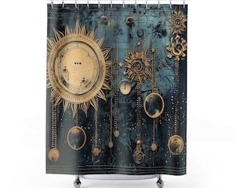 Navy Blue and Gold Celestial Shower Curtains, Stars and moon bathroom decor