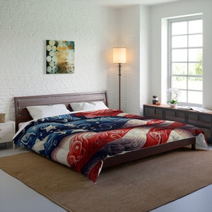 Patriotic American flag comforter, Red white and Blue bedding, 4th of July bedroom decor, Stars and stripes blanket