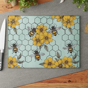Honey Bee Glass Cutting Board, bee kitchen decor, honey comb kitchen accessories, gift for bee keeper, gift for mom, yellow kitchen decor