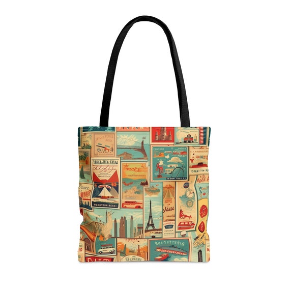 Retro Style 1950's Travel Tote Bag, Vintage carry on bag, Eiffel tower bag - Main Image