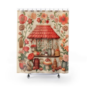 Rustic cottage Shower Curtain, Vintage country bathroom decor, Primitive Floral shower curtain, Retro farmhouse bathroom