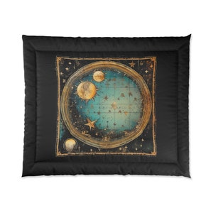 May include: A vintage-style illustration of a celestial map with a compass, stars, and moons in gold and blue tones on a black background.