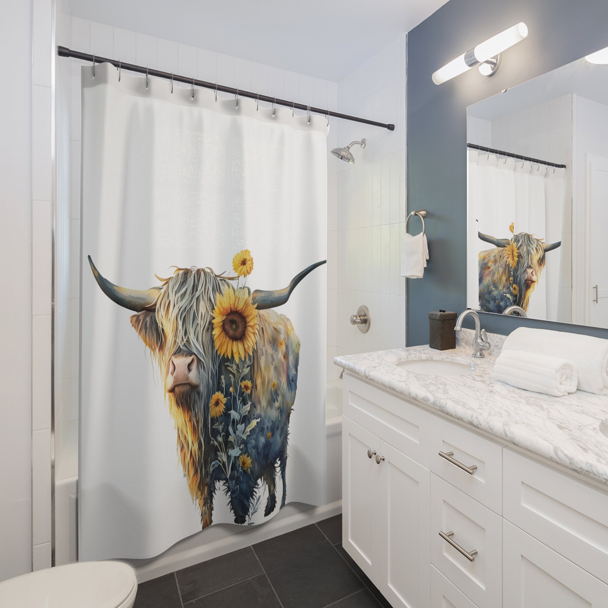 Highland Cow Farmhouse Bathroom Decor Shower Curtain, Floral Cow
