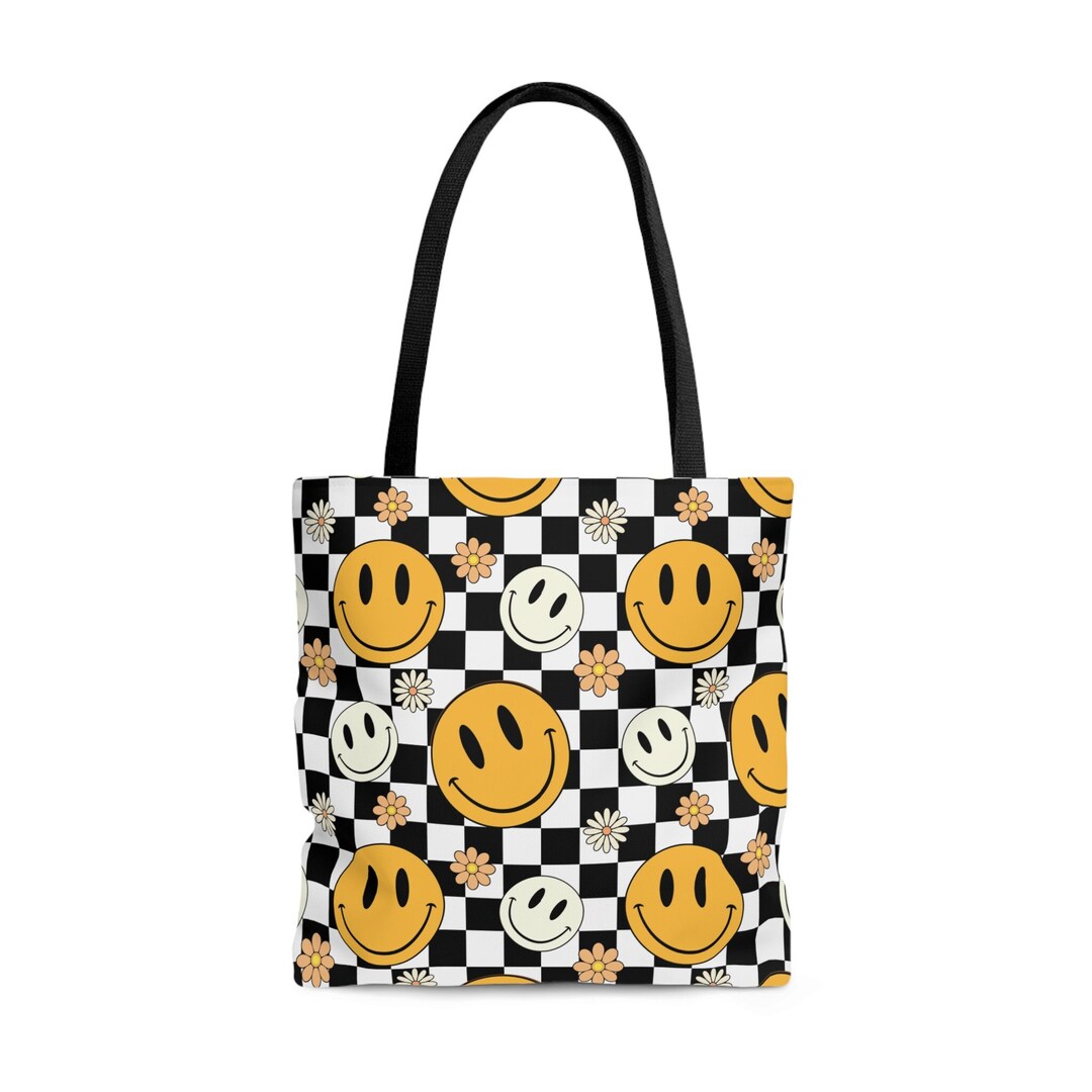 Retro Checkered Tote Bag, Black and White Bag, Hippie Tote Bag, Carry
