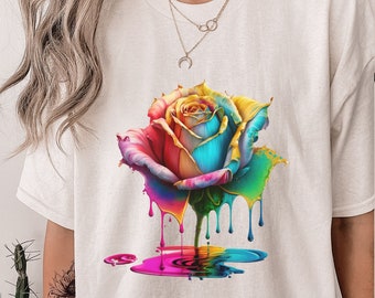 Rainbow rose tshirt, Paint drop rose shirt, Floral rainbow Tee, Rose shirt