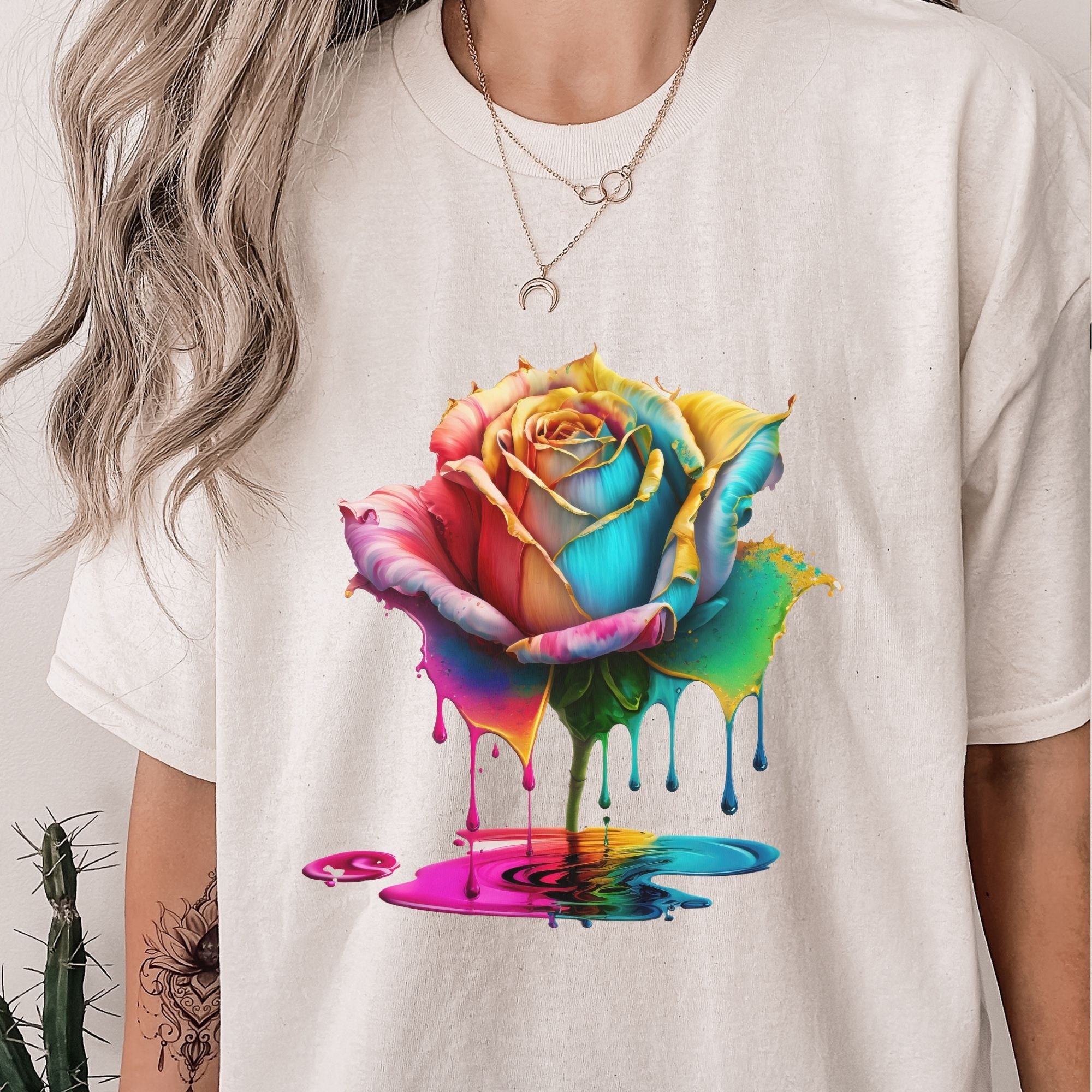 Rainbow Rose Tshirt, Paint Drop Rose Shirt, Floral Rainbow