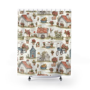 Cute Farmhouse Vintage Shower Curtain, Gift for gardener, Garden shower curtain, Floral bathroom decor