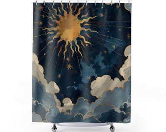 Celestial Navy and Gold Shower Curtain - Sun and Clouds Bathroom Decor, Celestial Home Accessories, Navy and Gold Bathroom Curtain,
