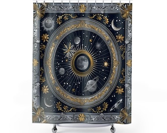 Celestial Shower Curtains, Gold and Navy Blue Bathroom Decor with Stars and Moon, Celestial Shower Curtain Set, Galaxy Bath Curtain, Space