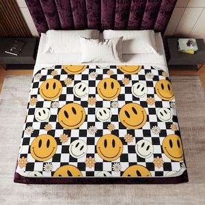 Retro happy face hipipie flower sherpa blanket for girls room, plush blankets, Checker board blanket gift for grand daughter
