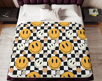 Retro happy face hipipie flower sherpa blanket for girls room, plush blankets, Checker board blanket gift for grand daughter