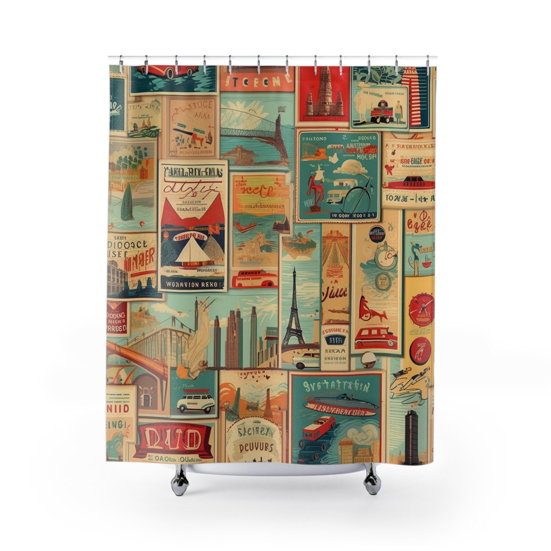 Retro Style Shower Curtain, Vintage Eiffel Tower Bathroom Decor, Mid