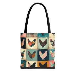 May include: A tote bag with a black handle featuring a repeating pattern of chickens. The chickens are in various colours and designs, set against squares of teal, pink, and beige patchwork.