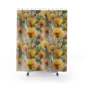 Dandelion Shower Curtain, Wildflower bathroom decor, Dandelion decor, Yellow shower curtain, Green floral bathroom decor