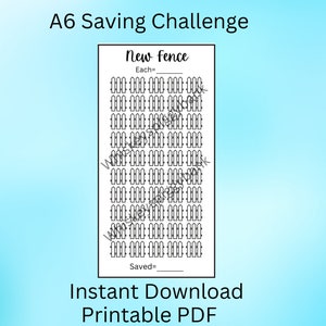 Könnte beinhalten: Ein druckbarer A6-Spar-Challenge-Tracker mit dem Titel "Neuer Zaun". Der Tracker hat ein Raster mit 60 Quadraten mit Linien, um jedes Quadrat zu markieren. Es gibt Platz, um die Kosten für jedes Quadrat und den Gesamtbetrag, der gespart wurde, einzutragen.
