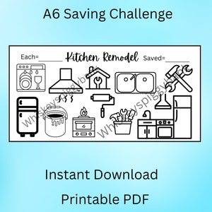 Kitchen Remodel A6 Saving Challenges, Debt Free Charts, Saving Templates and Printables, Cash Budgeting, Cash Stuffing
