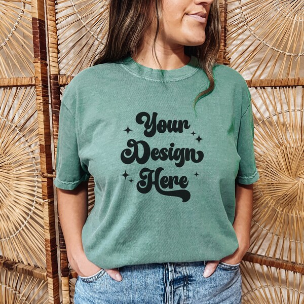 Comfort Colors C1717 Light Green Tshirt Mockup, Green Shirt Mockup, Light Green 1717 Mockup, Simple Model Mockup Photo