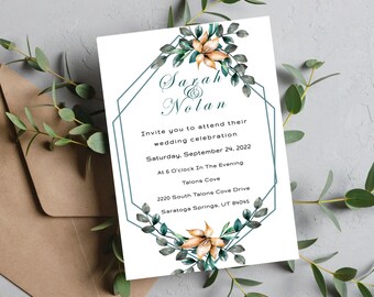 Teal and Blush Floral Wedding Invitation, Floral Wedding Invite - Digital Download, Printable