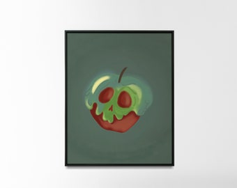 Arte malvado dibujado a mano digital de Apple, descarga digital espeluznante de Halloween, arte imprimible instantáneo, decoración de pared linda verde y azul