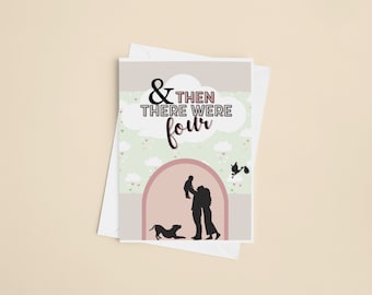 Tarjeta para recién nacido (familia de 4) / Tarjeta personalizada con el nombre del bebé / Bebé recién nacido con perro o gato / Tarjeta para una familia en crecimiento / Tarjeta de felicitación para recién nacido