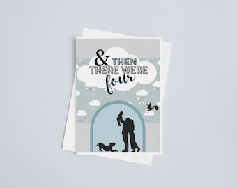 Tarjeta para recién nacido (familia de 4) / Tarjeta personalizada con el nombre del bebé / Bebé recién nacido con perro o gato / Tarjeta para una familia en crecimiento / Tarjeta de felicitación para recién nacido