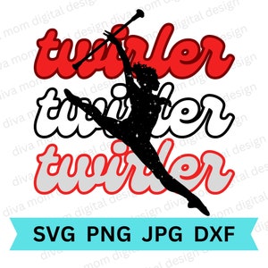 May include: A digital design featuring the word "twirler" in red, white, and gray text with a silhouette of a twirler holding a baton in a starburst pattern.