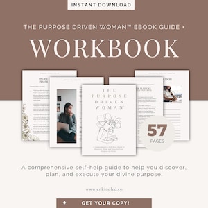 以下が含まれることがあります： 「The Purpose Driven Woman」電子書籍ガイド+ワークブックというタイトルのデジタルワークブック。表紙には、本を持った女性と「57ページ」というテキストが描かれています。
